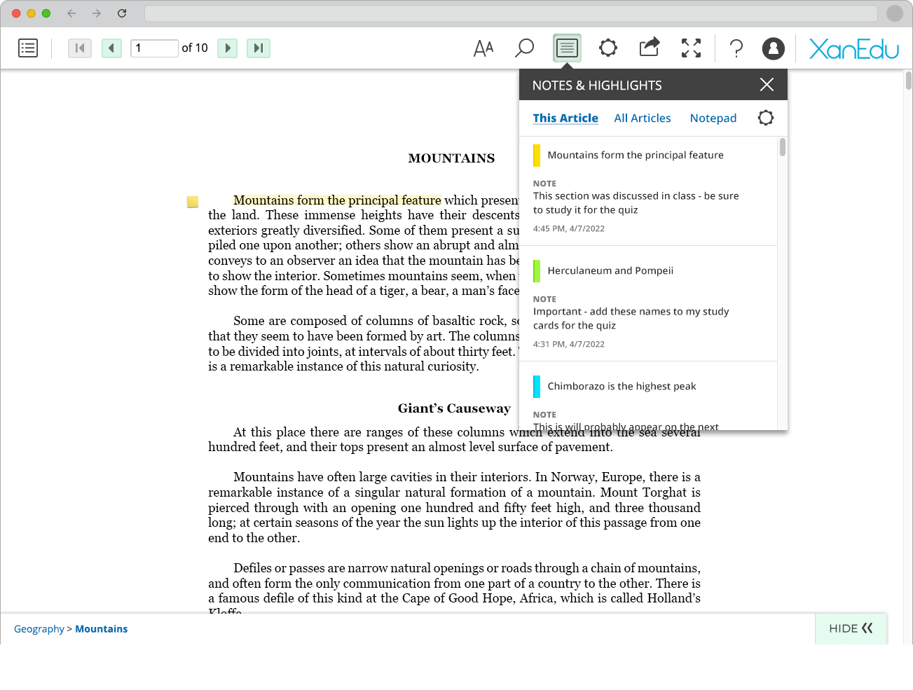 HigherEd eReader's highlights panel